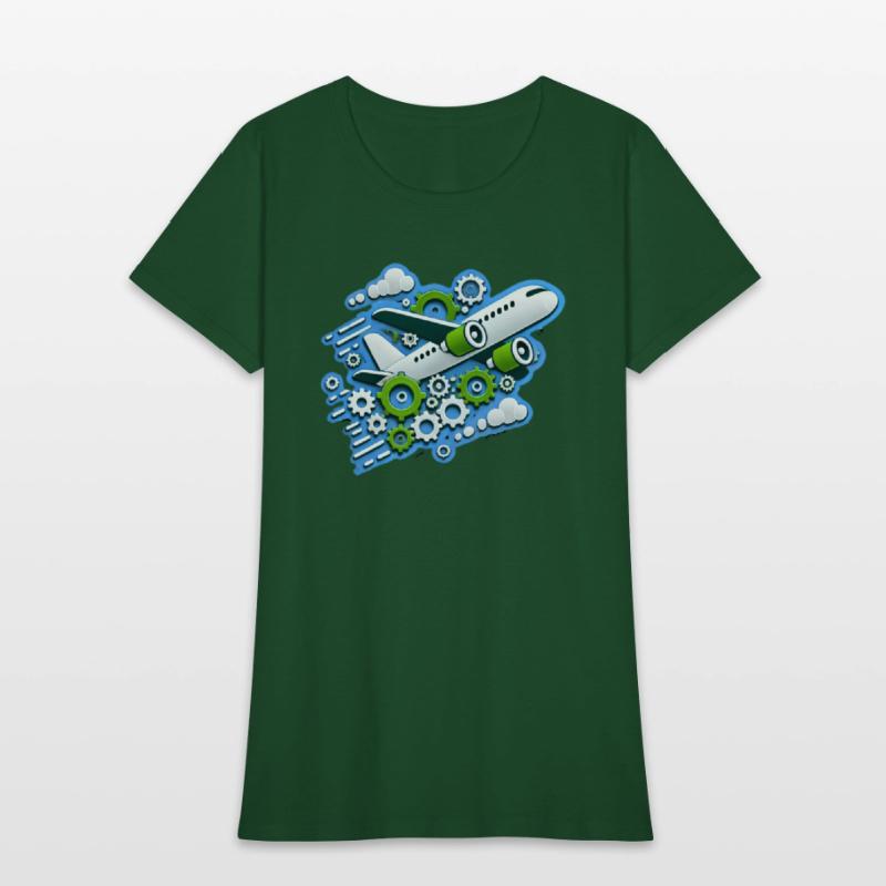 White plane with green wings flying in blue clouds