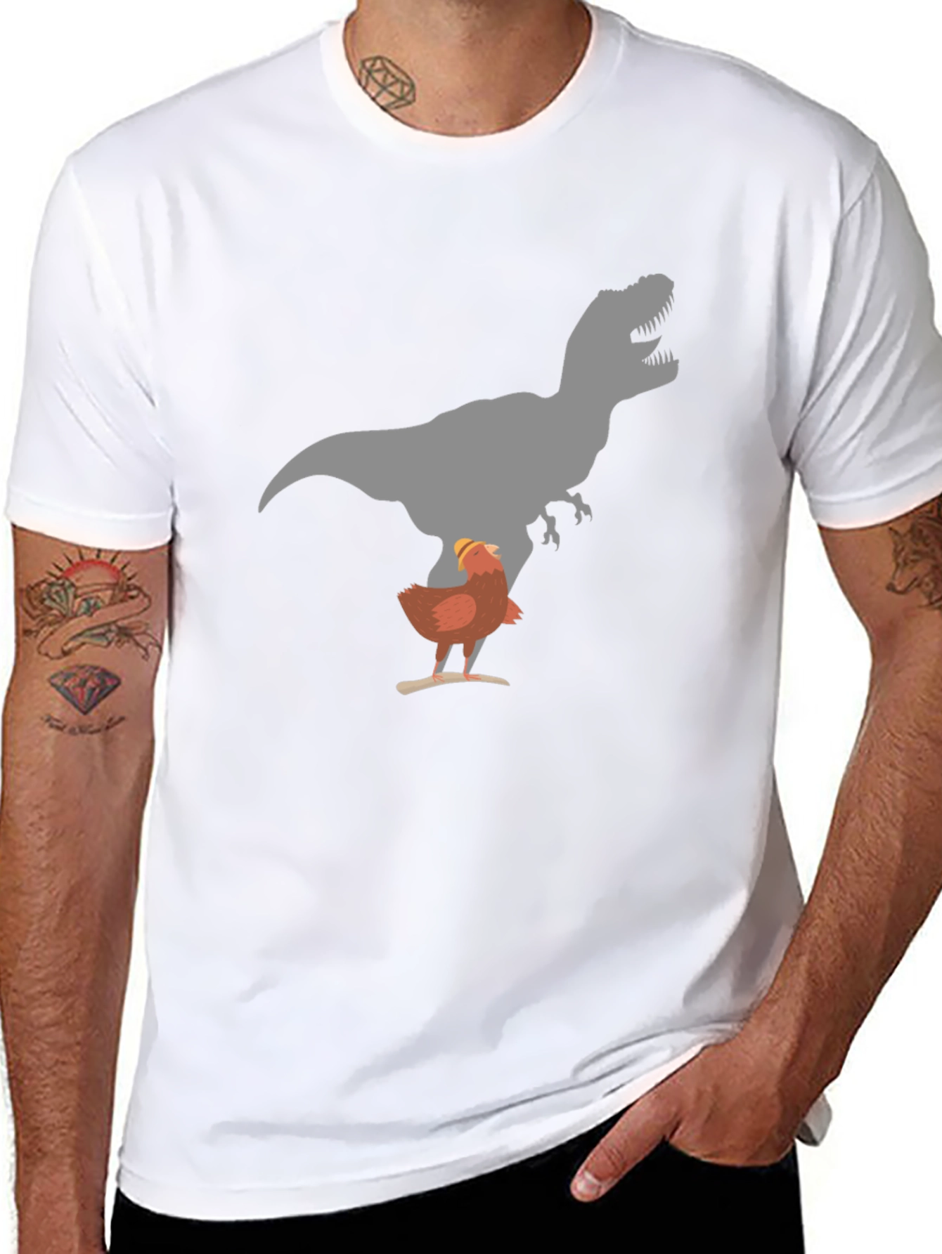 Funny Chicken and T-Rex Graphic Black T-Shirt
