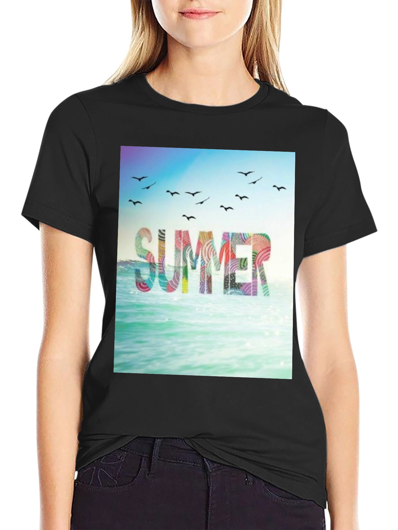Summer Beach Graphic Tee - Black Cotton T-Shirt
