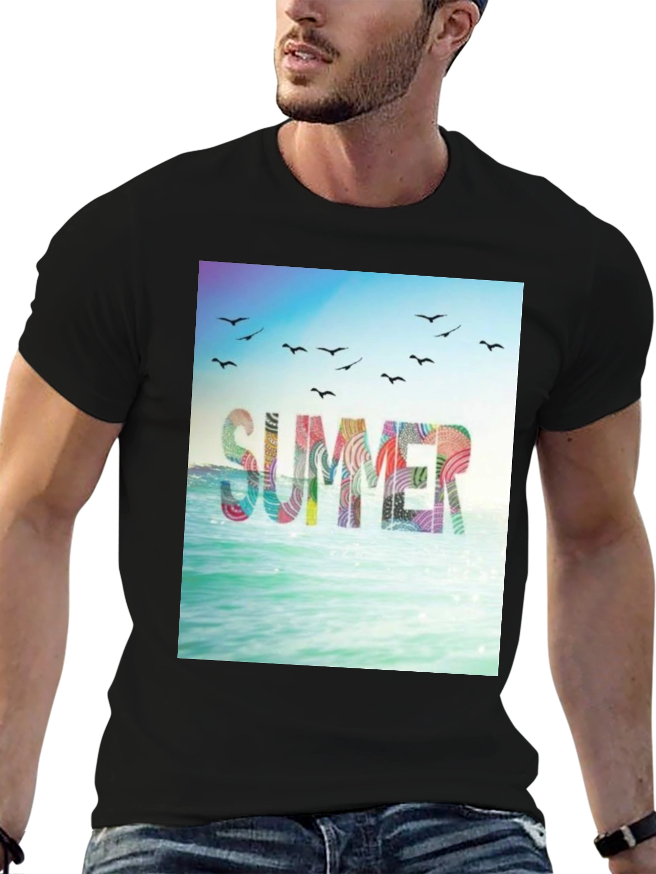Summer Beach Graphic Tee - Black Cotton T-Shirt