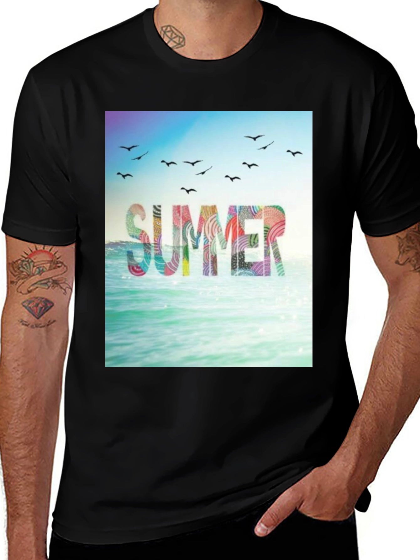 Summer Beach Graphic Tee - Black Cotton T-Shirt