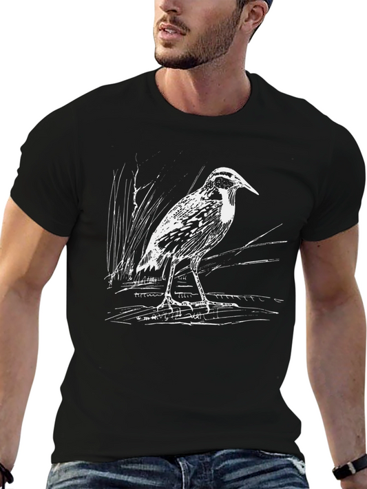 Heron Sketch Graphic Tee - Black Casual Cotton T-Shirt