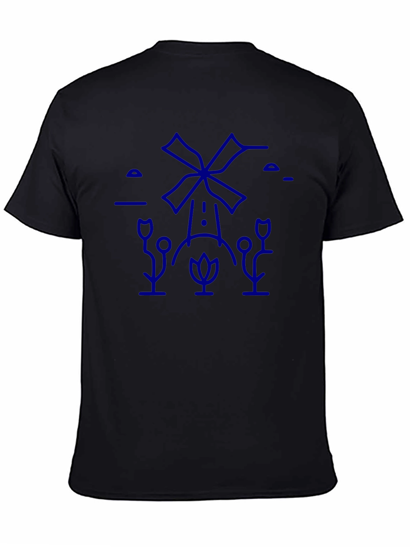 Black T-Shirt with Blue Windmill Graphic