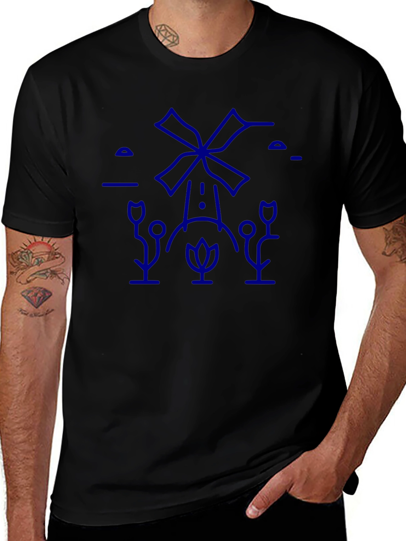 Black T-Shirt with Blue Windmill Graphic
