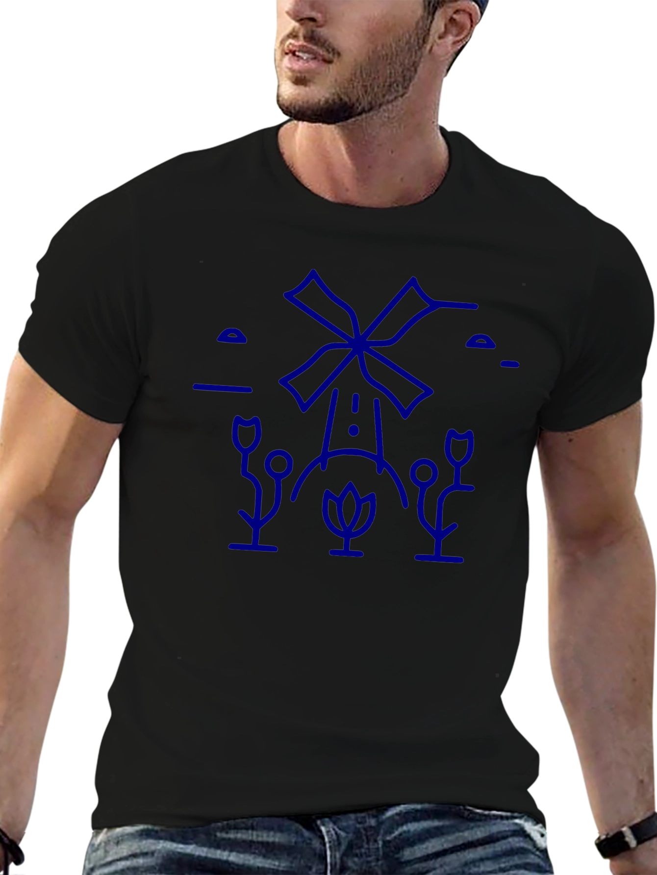 Black T-Shirt with Blue Windmill Graphic