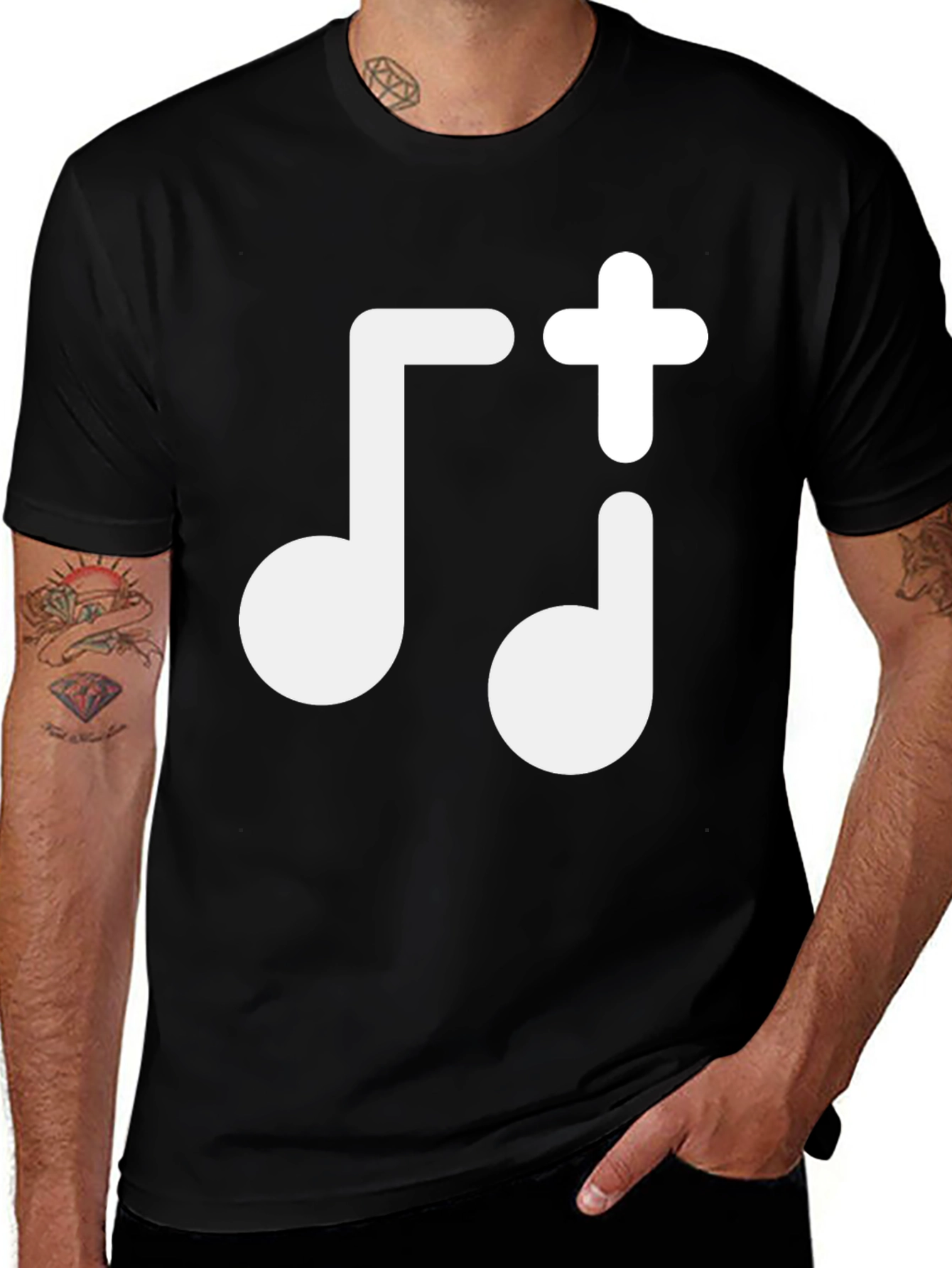 Music Note Plus Sign Black T-Shirt