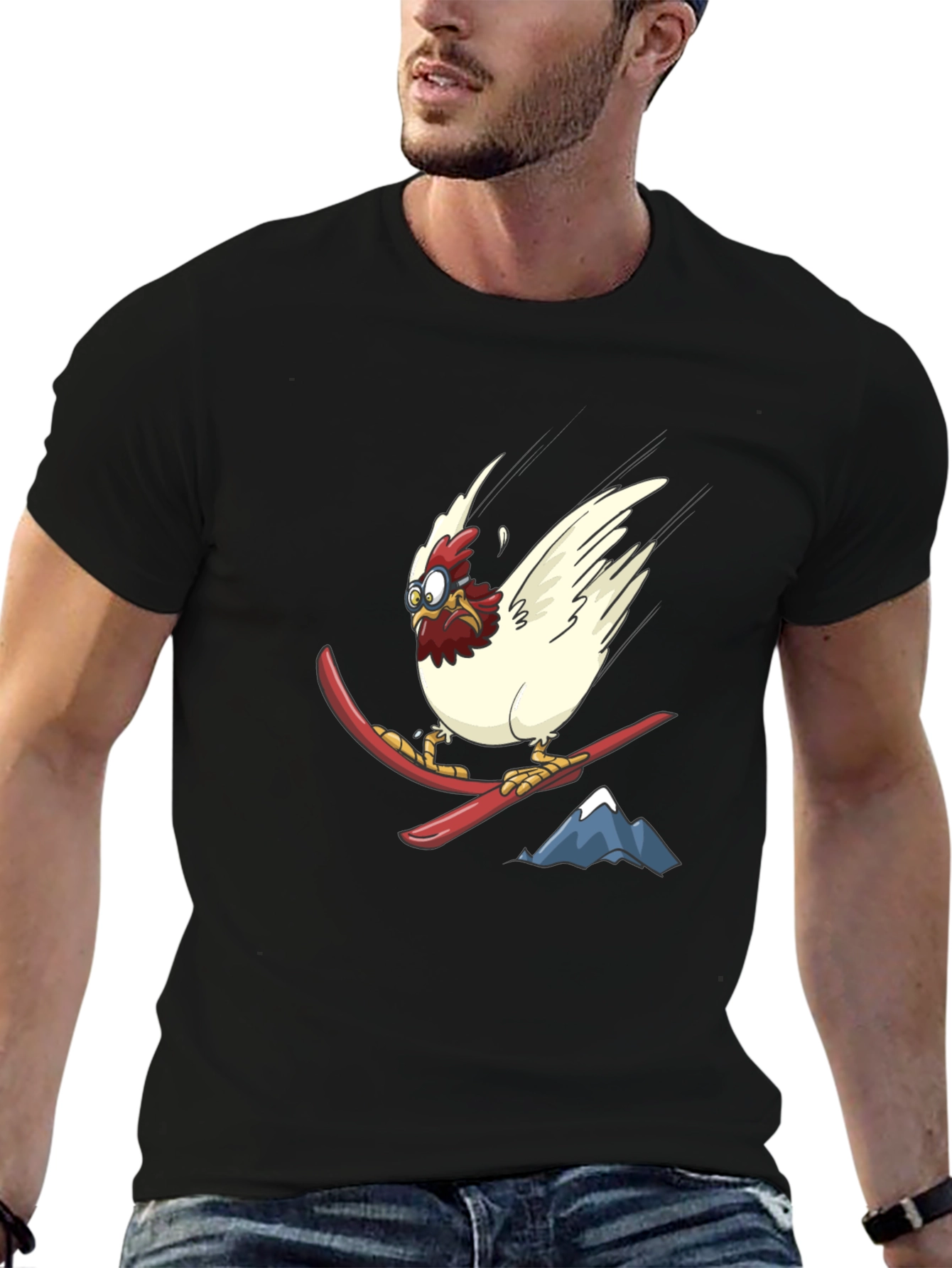 Skiing Chicken Graphic Tee - Unisex Black T-Shirt