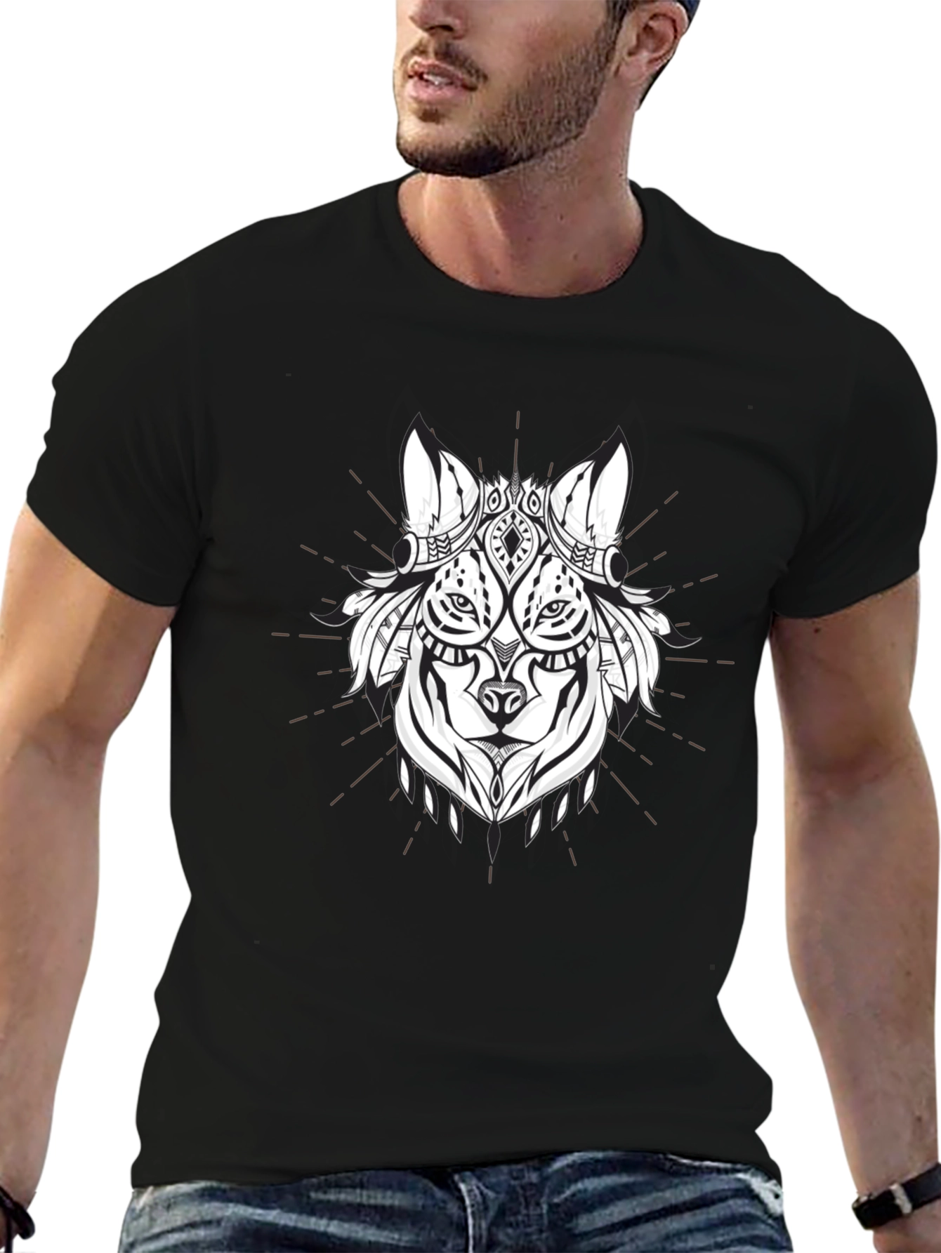 Tribal Wolf Graphic Tee - Black Cotton T-Shirt