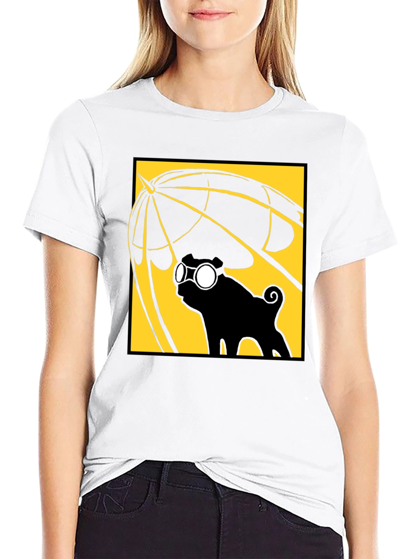 Umbrella Pug Graphic T-Shirt - Black