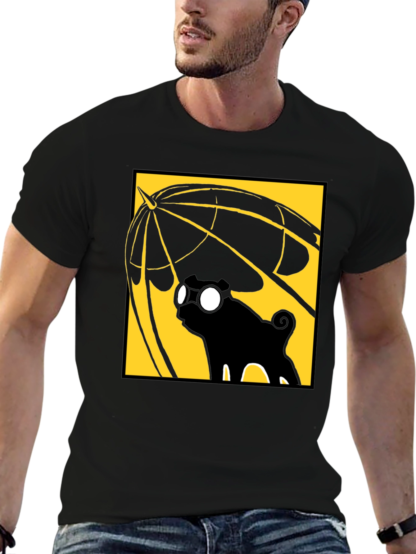 Umbrella Pug Graphic T-Shirt - Black