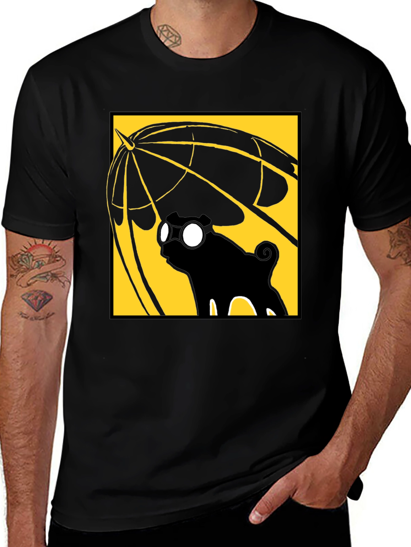 Umbrella Pug Graphic T-Shirt - Black