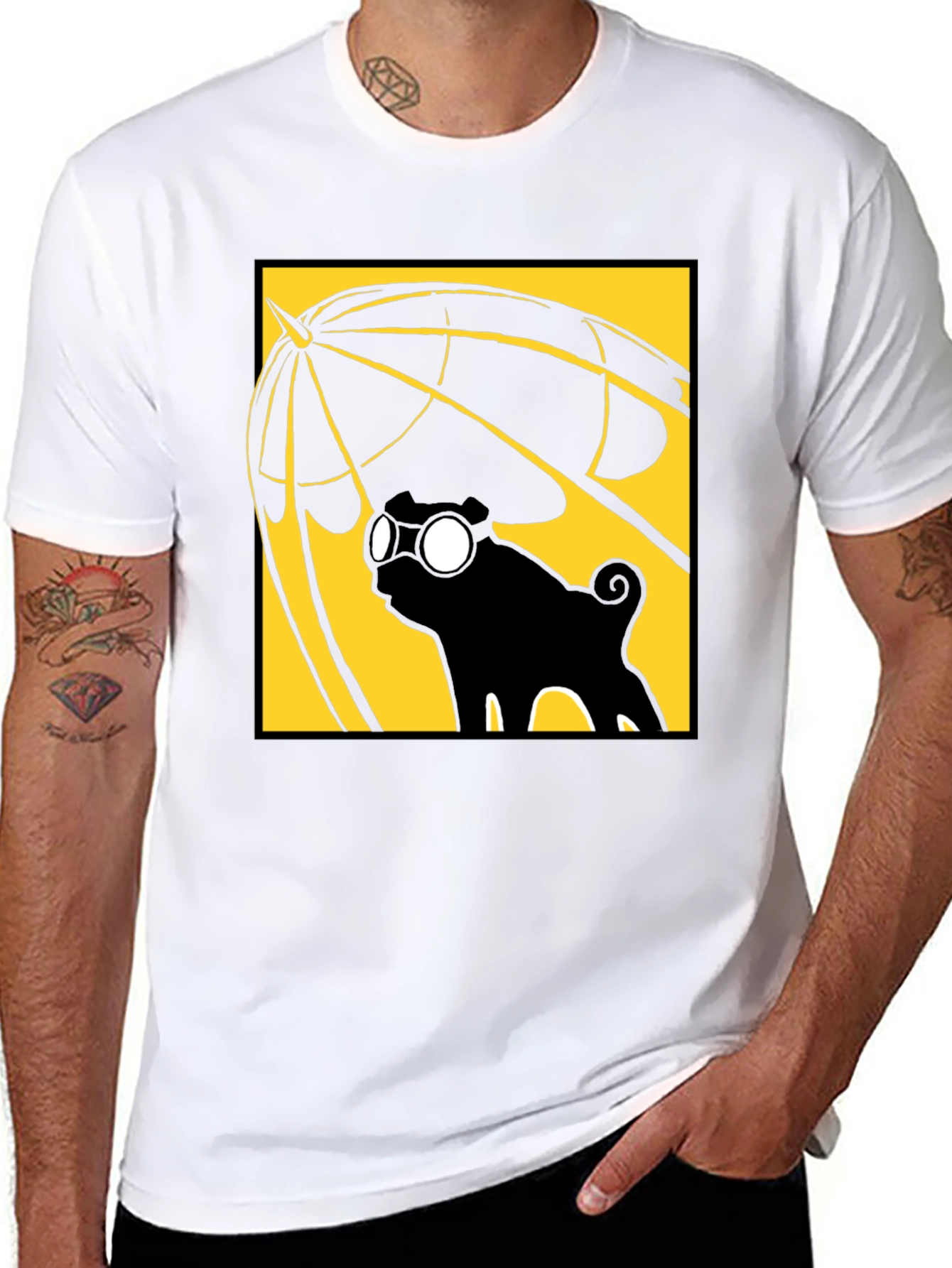 Umbrella Pug Graphic T-Shirt - Black