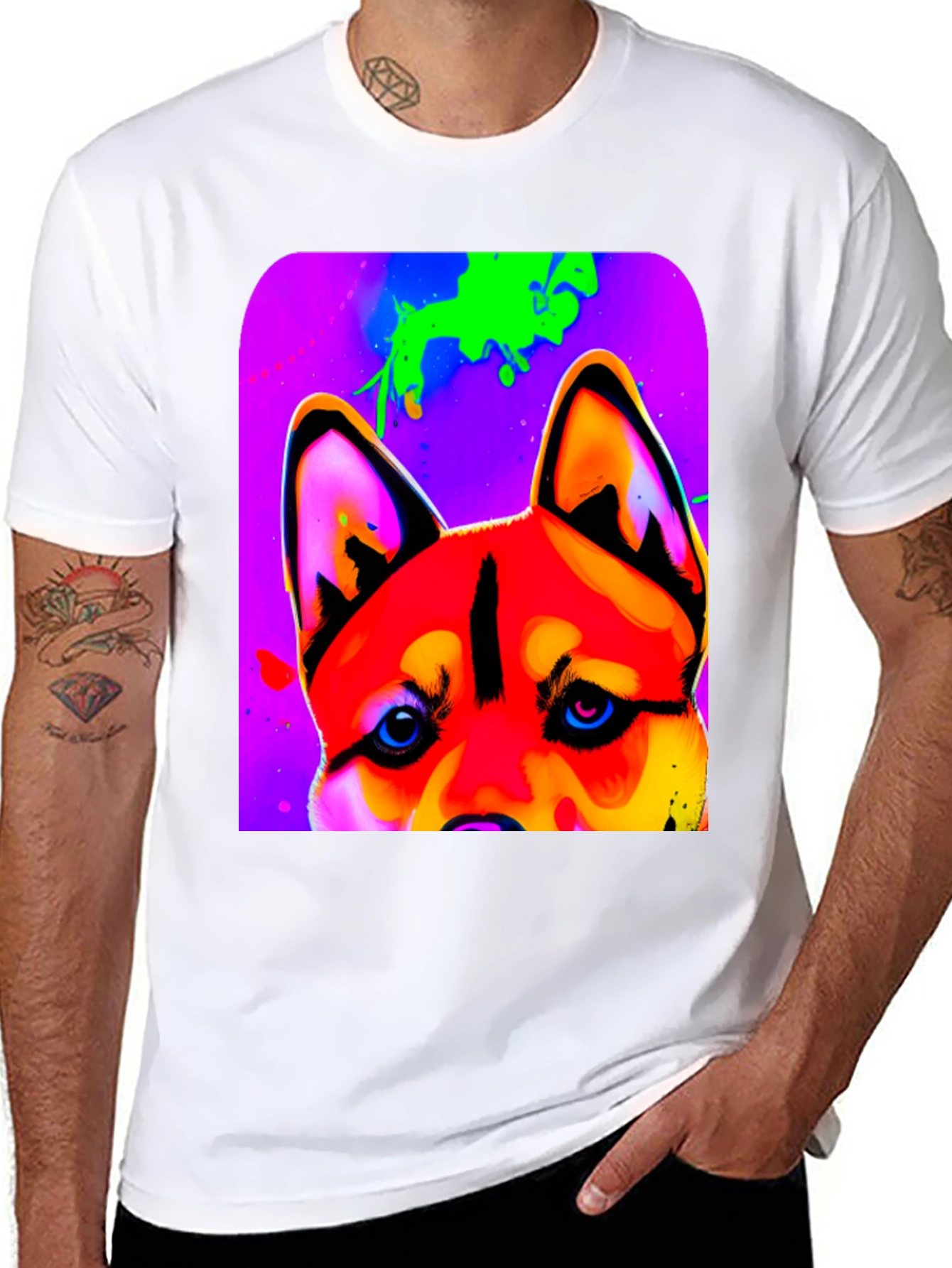 Vibrant Dog Graphic T-Shirt - Artistic Animal Print