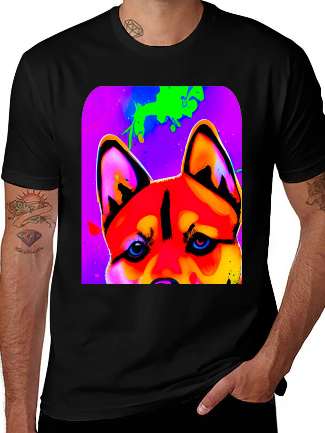 Vibrant Dog Graphic T-Shirt - Artistic Animal Print