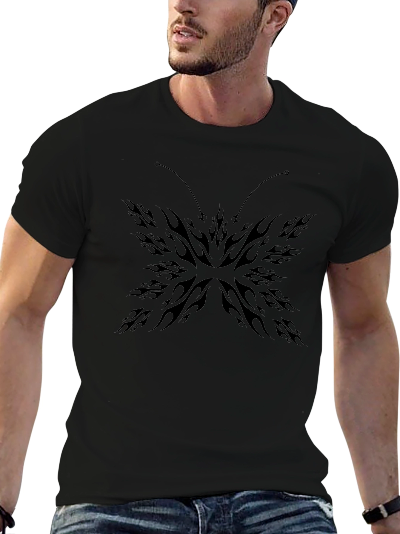 Black Butterfly Flame Graphic Tee - Mens Casual T-Shirt