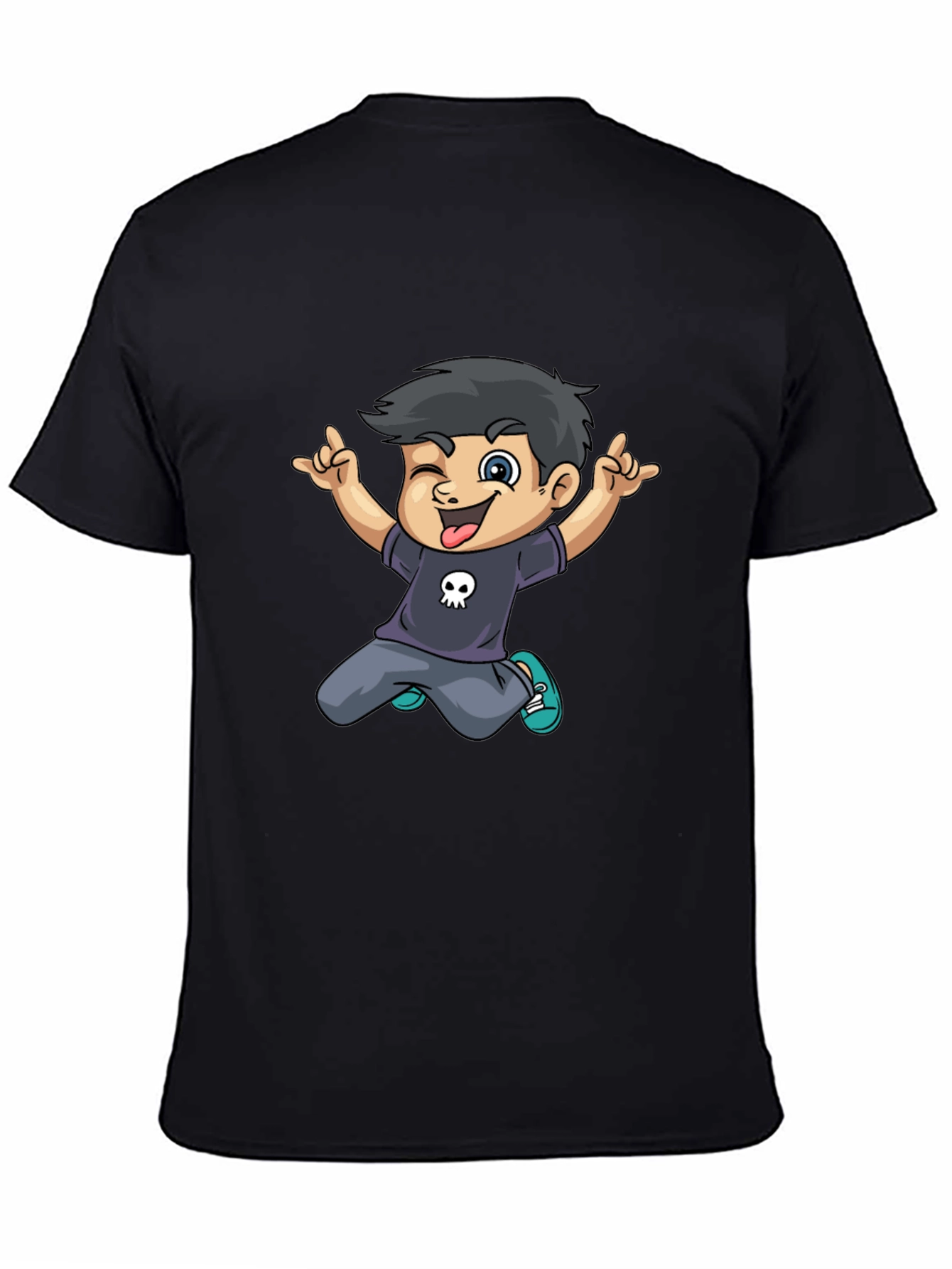 Cartoon Boy Graphic Tee - Black T-Shirt