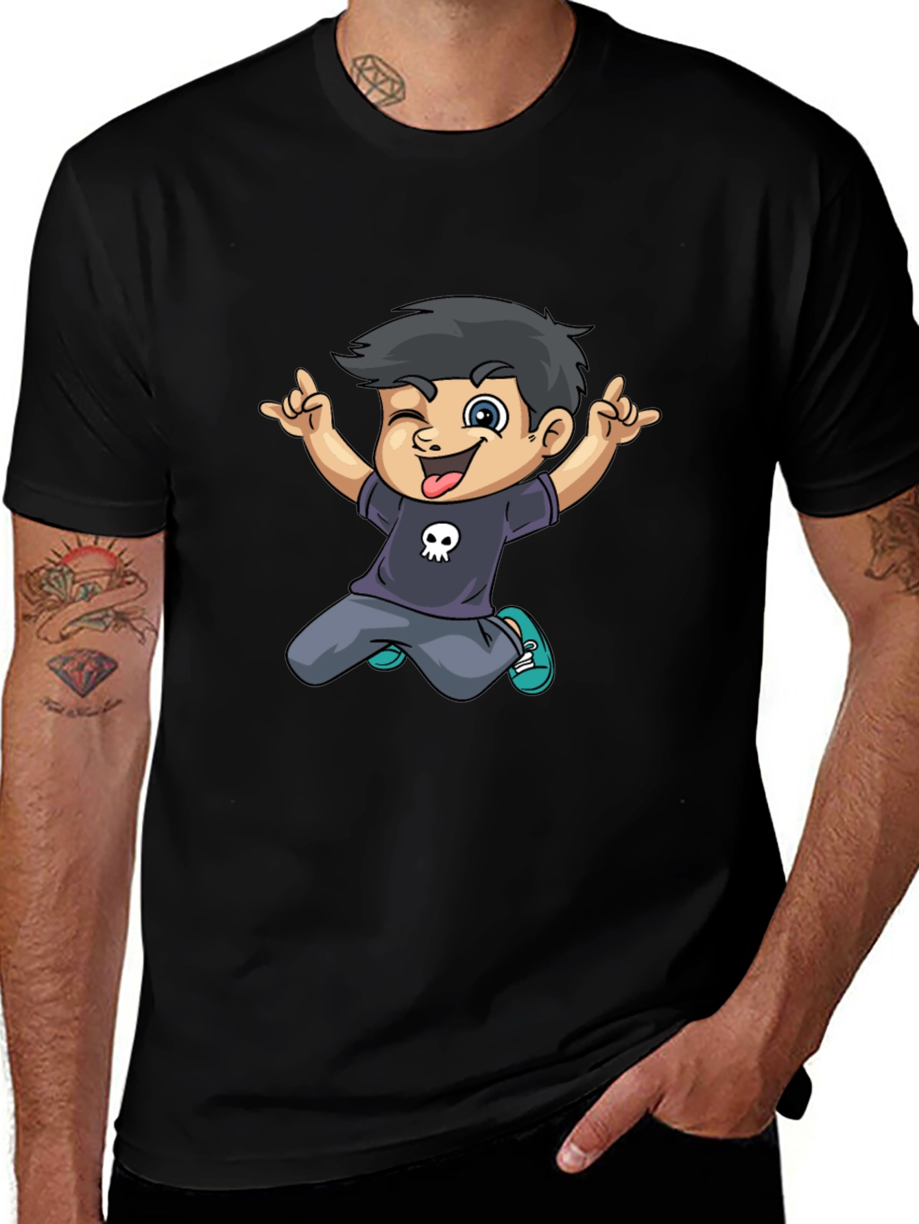Cartoon Boy Graphic Tee - Black T-Shirt