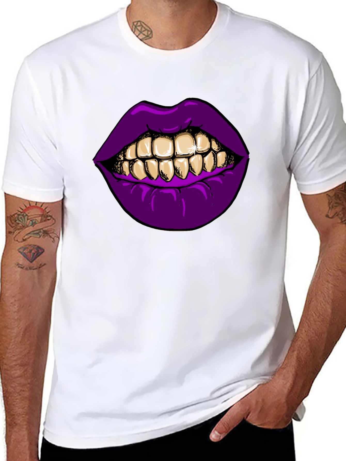 Purple Lips Gold Teeth Graphic Black T-Shirt