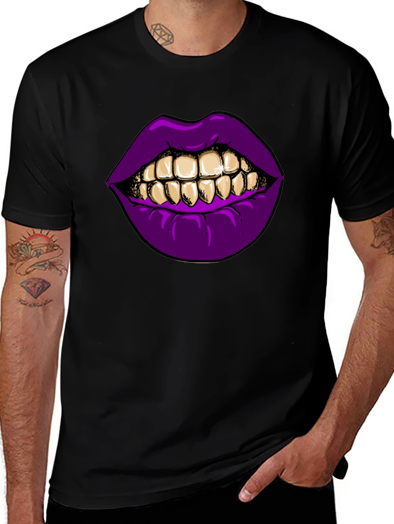 Purple Lips Gold Teeth Graphic Black T-Shirt
