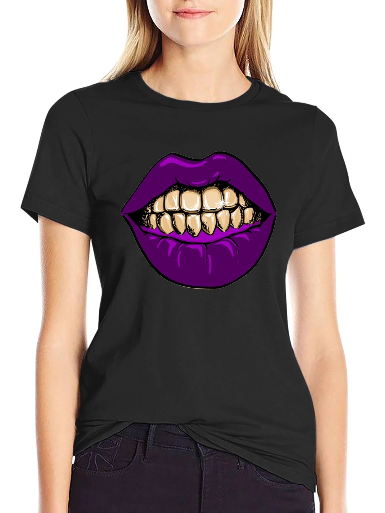 Purple Lips Gold Teeth Graphic Black T-Shirt