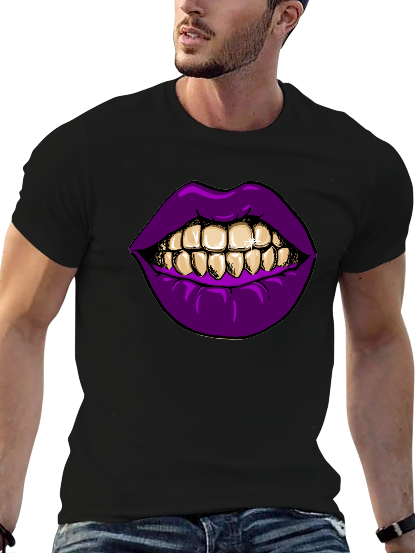 Purple Lips Gold Teeth Graphic Black T-Shirt