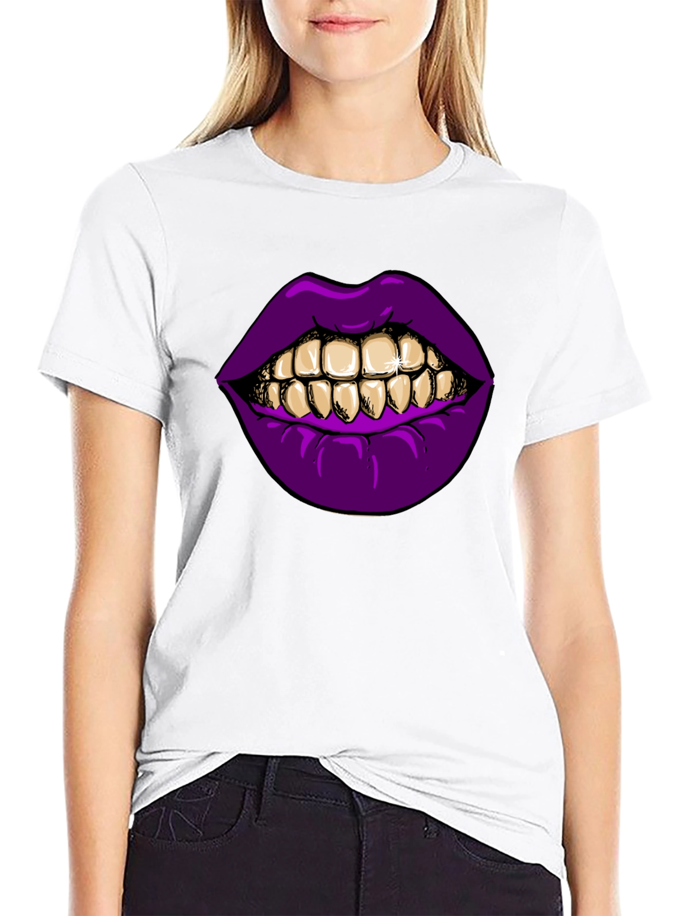 Purple Lips Gold Teeth Graphic Black T-Shirt
