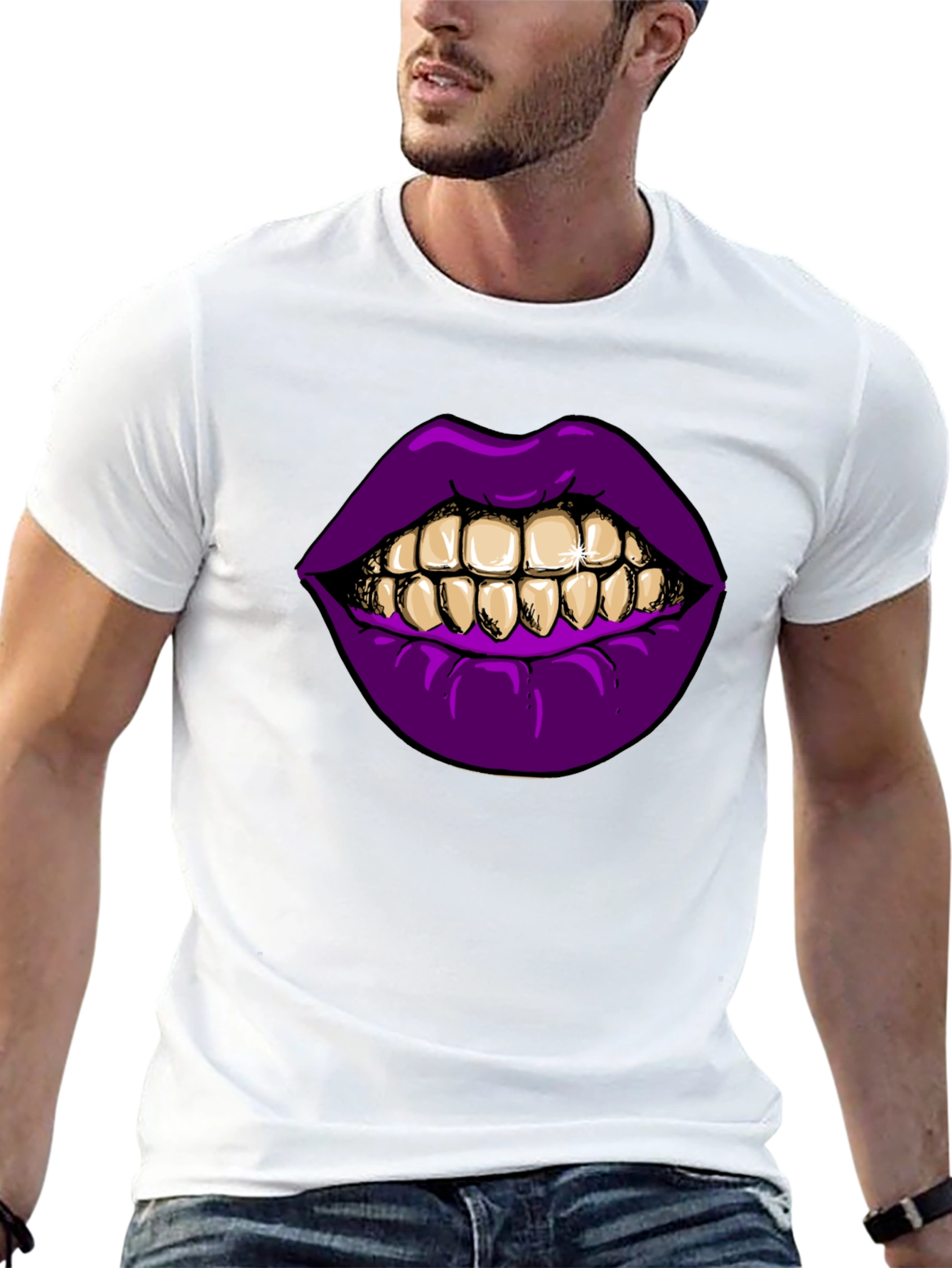 Purple Lips Gold Teeth Graphic Black T-Shirt