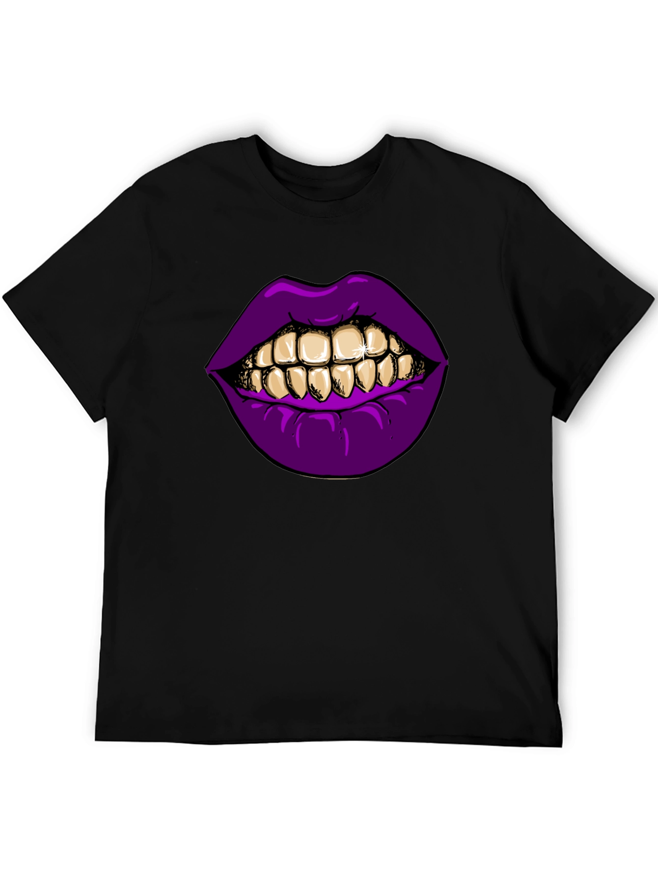 Purple Lips Gold Teeth Graphic Black T-Shirt