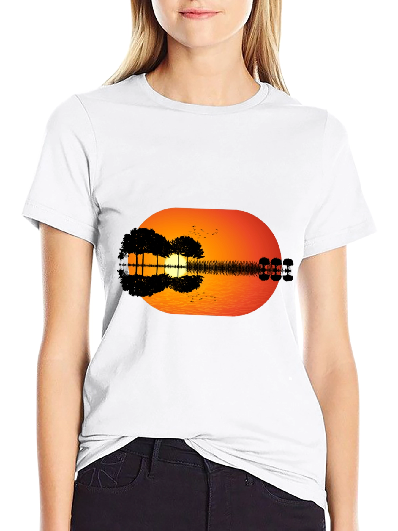 Sunset Guitar Graphic Tee - Black Casual T-Shirt