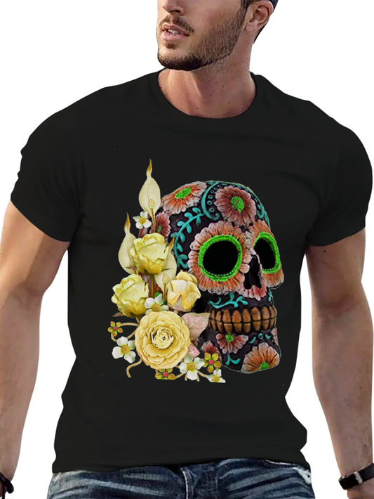 Floral Sugar Skull T-Shirt - Black