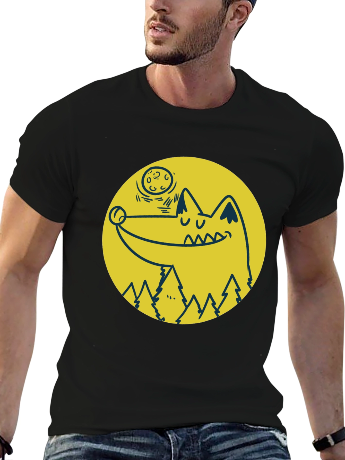 Cartoon Wolf Moon Graphic Black T-Shirt