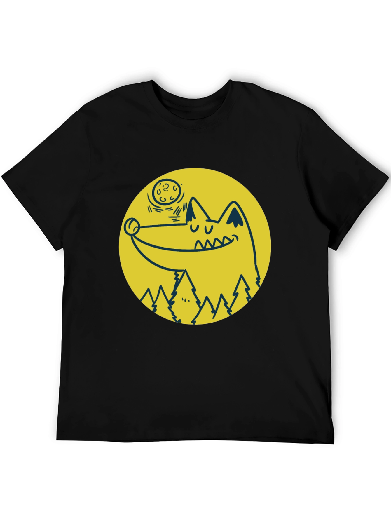 Cartoon Wolf Moon Graphic Black T-Shirt