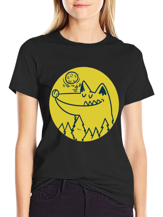 Cartoon Wolf Moon Graphic Black T-Shirt
