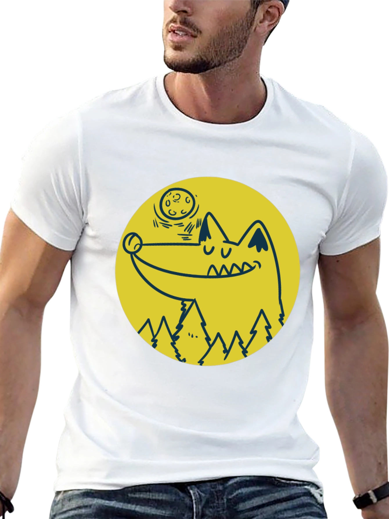 Cartoon Wolf Moon Graphic Black T-Shirt