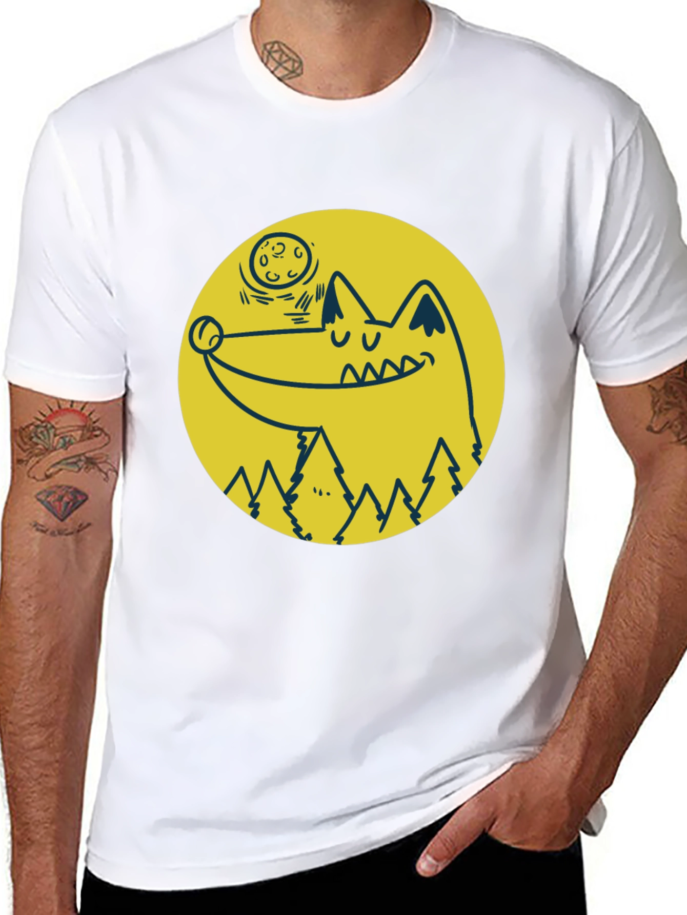 Cartoon Wolf Moon Graphic Black T-Shirt