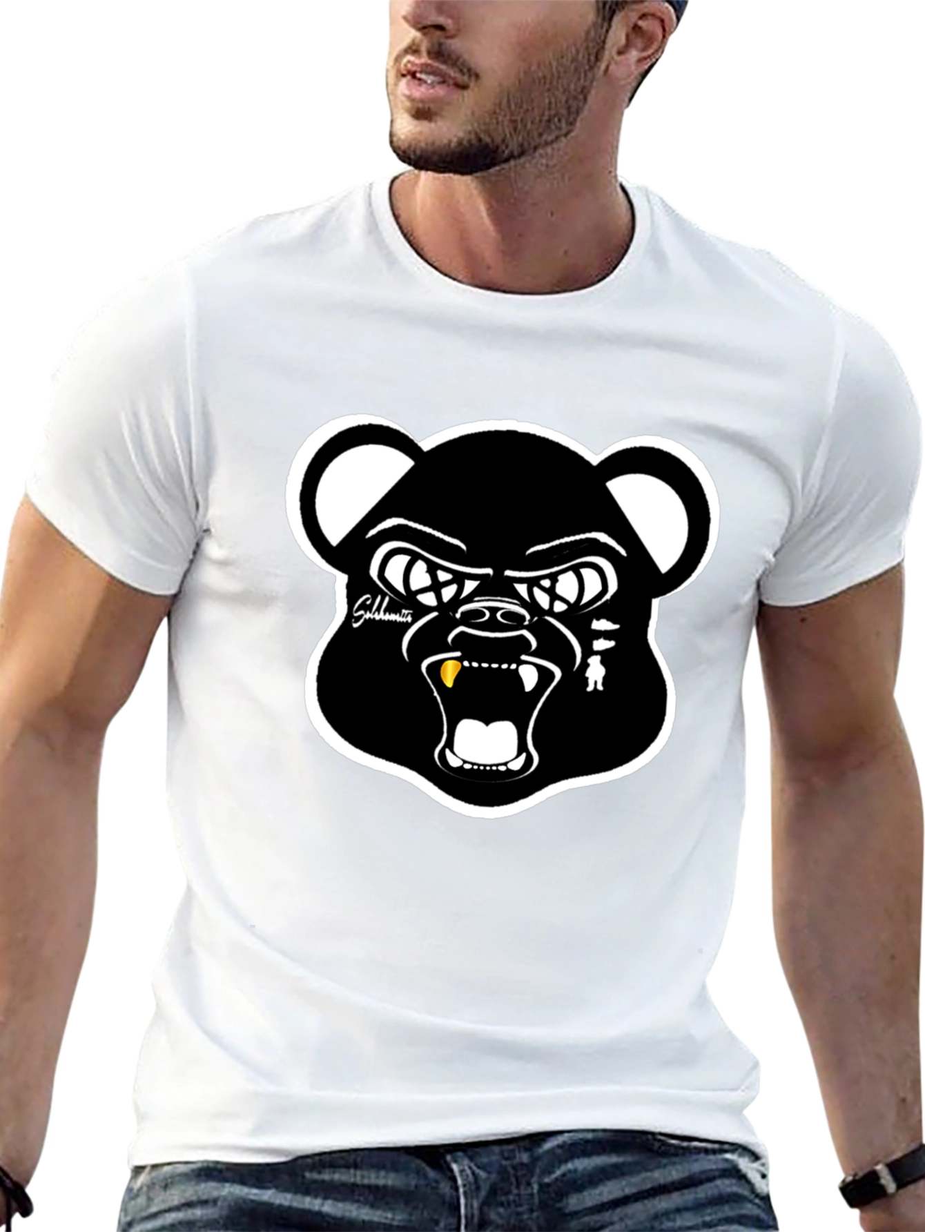 Mens Black Bear Graphic Print Crew Neck T-Shirt