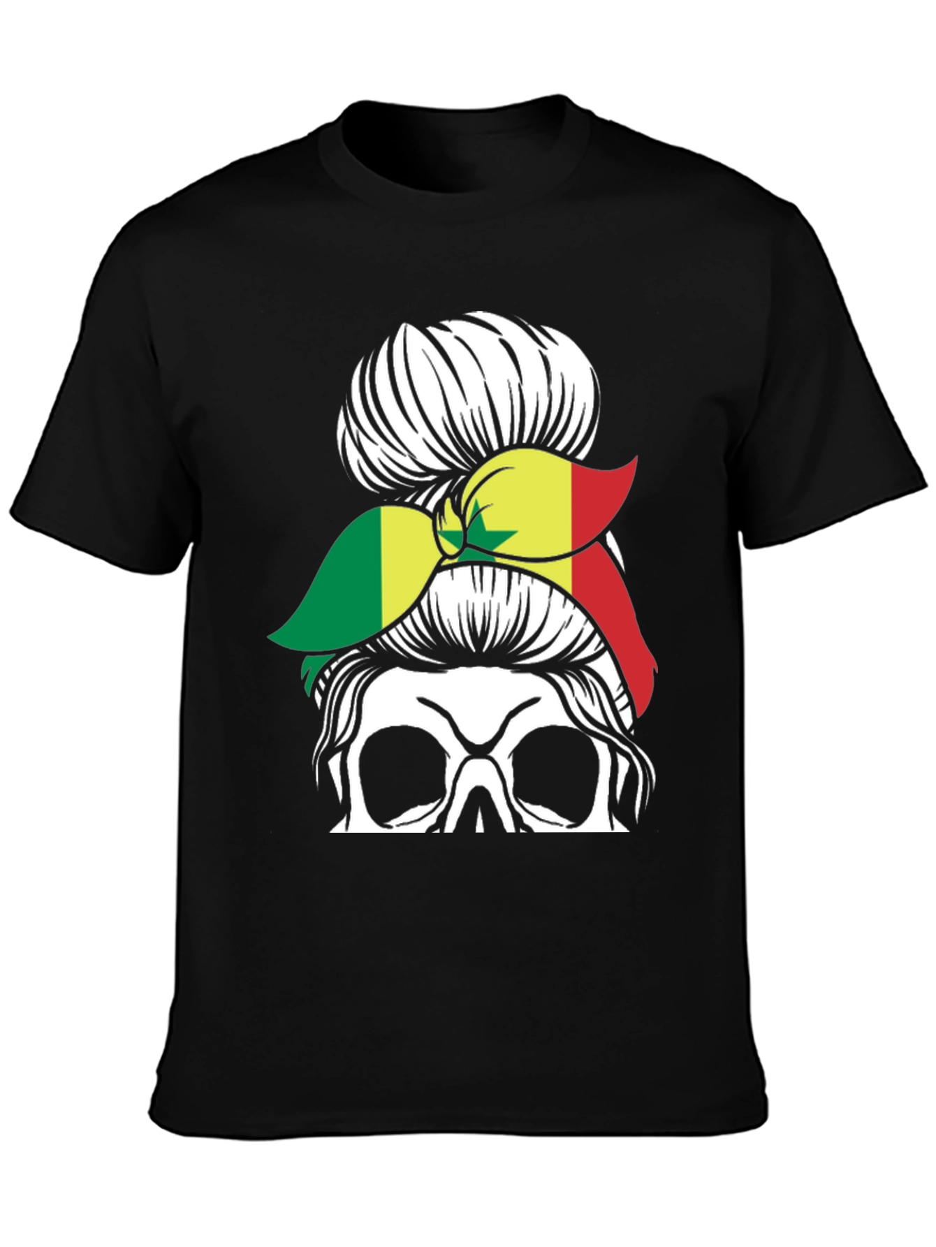 Skull Messy Bun Senegal Flag T-Shirt