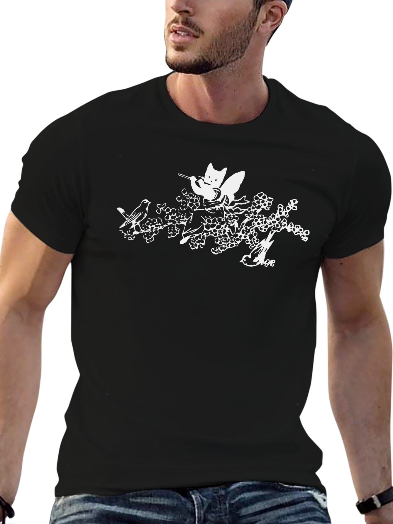 Cat & Birds Tee - Black Graphic T-Shirt